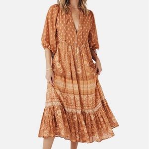 Spell & The Gypsy Utopia Short Sleeve Midi Dress In Cinnamon Small NWT